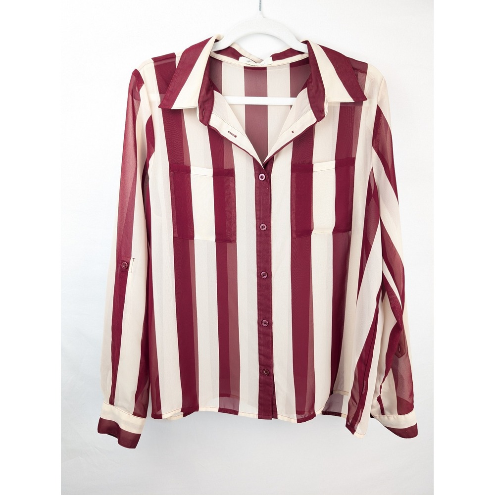 Forever 21 Striped Sheer Long Sleeve Button Top Size L Coastal Nautical Preppy